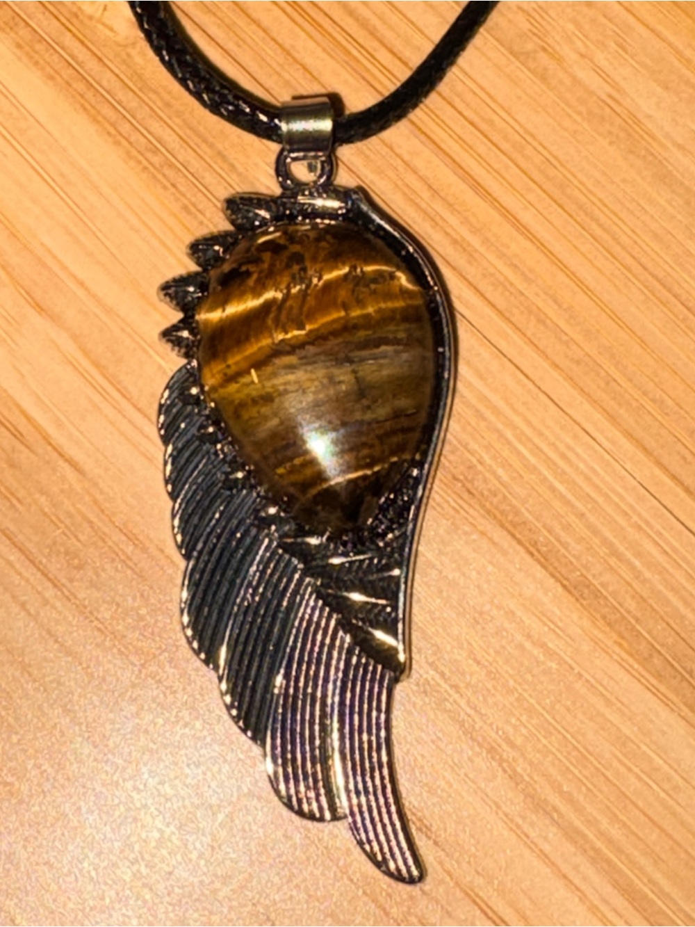 Tiger Eye Stone Wing Pendant Feather Necklace - Brown Black Silver - Picture 2 of 4